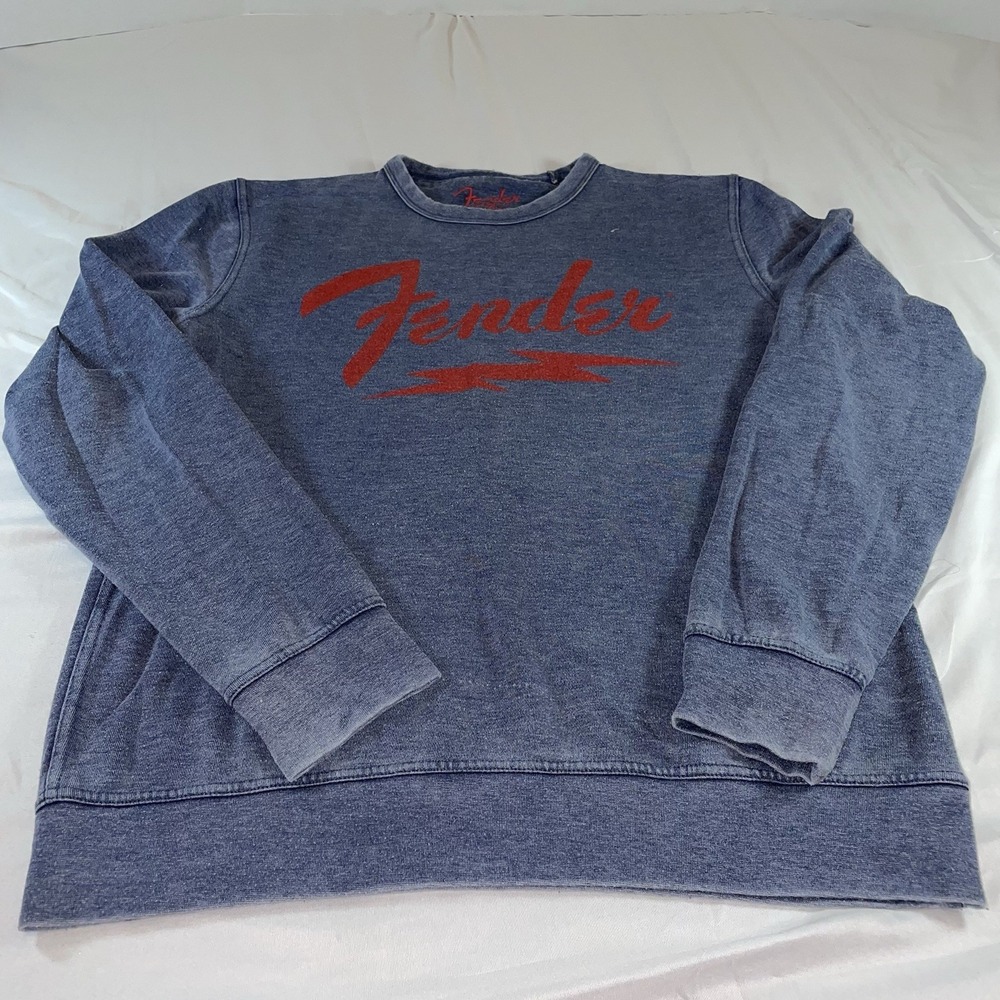 Lucky Brand Fender Sweatshirt Mens Medium Blue Red Graphic Logo‎ Fleece Pullover